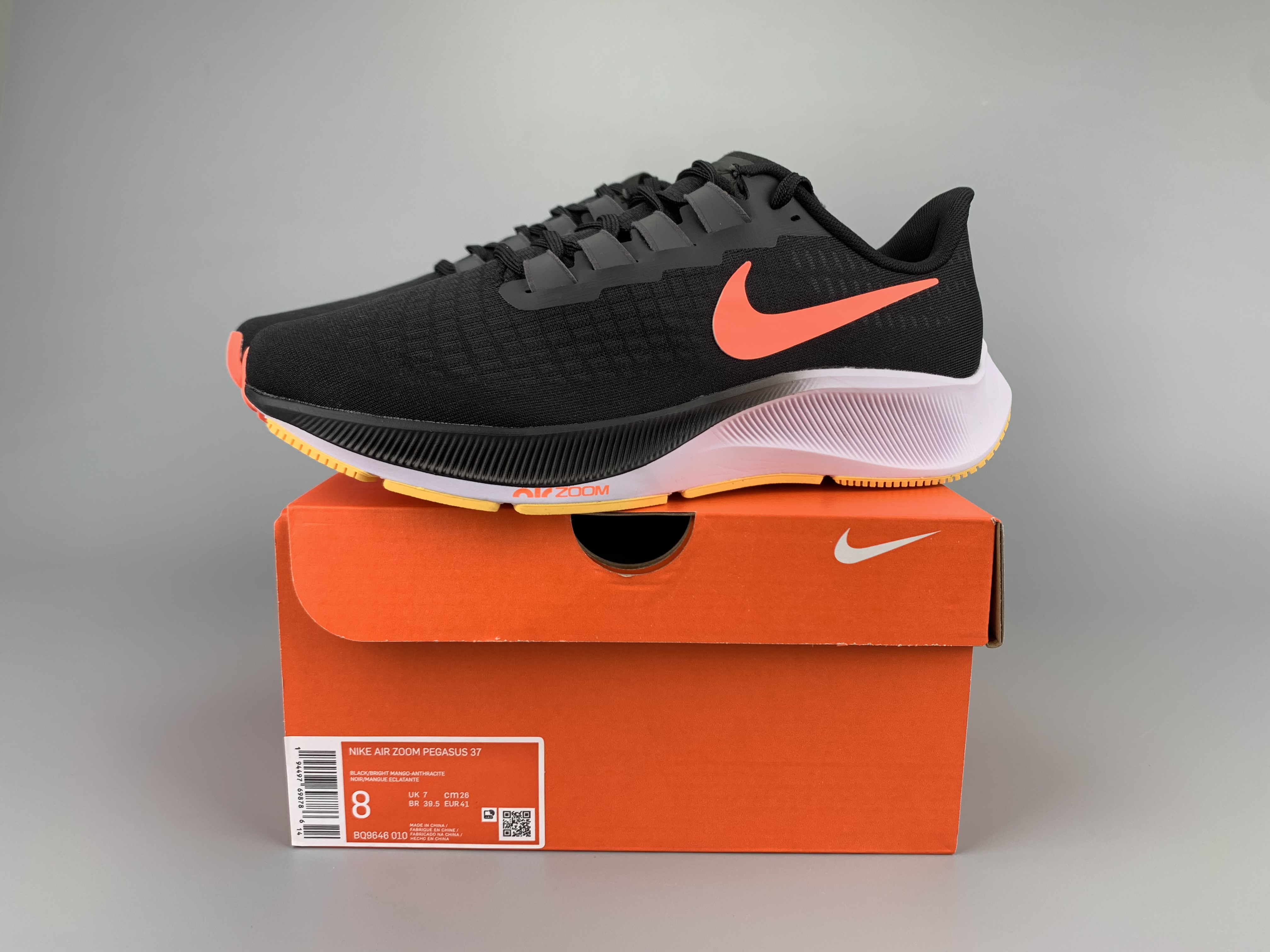 Men Nike Zoom Pegasus 37 Black Orange White Running Shoes - Click Image to Close